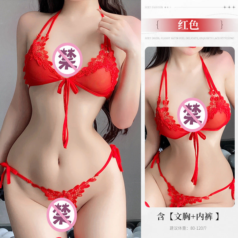 [25.04.29新品]蕾丝点缀性感系带纯欲三点式情趣内衣（浅蓝/深紫/藕粉/白/黑/红/深蓝/淡粉/淡紫）Y2056 Q
