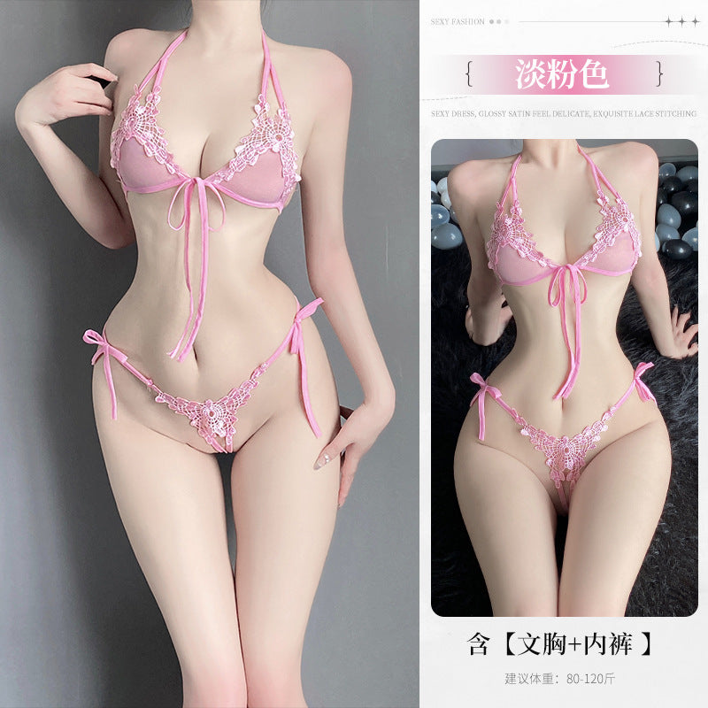 [25.04.29新品]蕾丝点缀性感系带纯欲三点式情趣内衣（浅蓝/深紫/藕粉/白/黑/红/深蓝/淡粉/淡紫）Y2056 Q