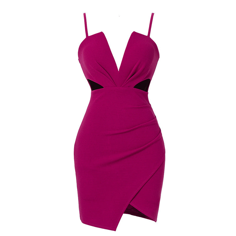 吊带深V腰部镂空不规则气质连衣裙（黑色/紫红） X2213