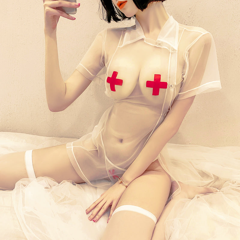 透视网纱修身娇俏性感小护士制服（白色/粉色）G639