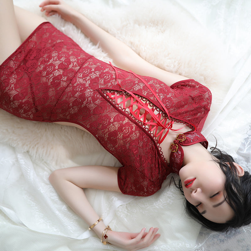 诱惑蕾丝透明镂空绑带旗袍（黑/红）（均码/加大码）G253