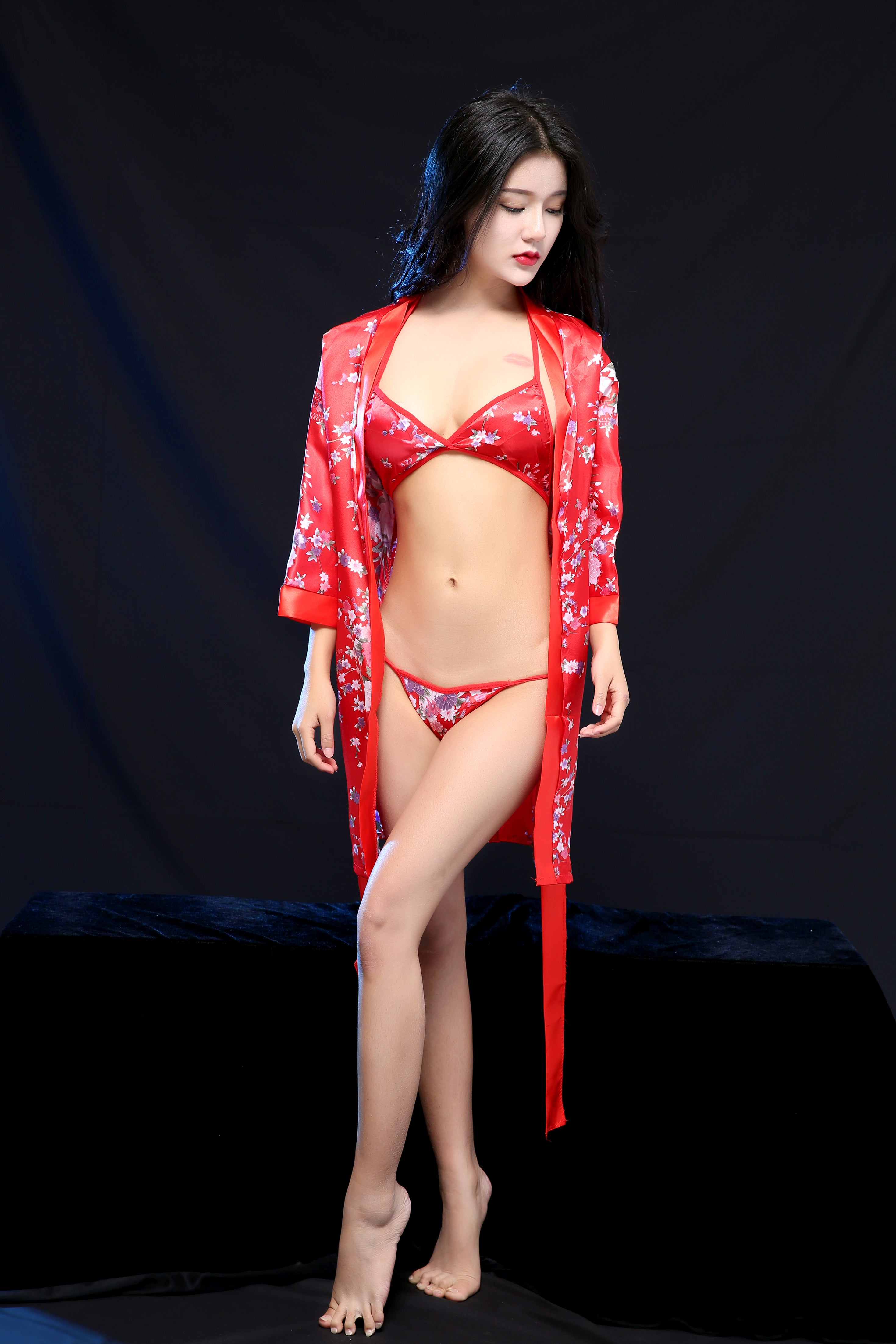 性感红色印花日式和服浴袍三点式套装C1308
