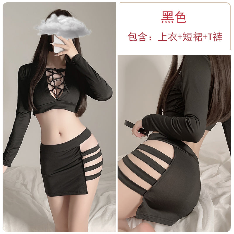 镂空包臀性感短裙OL秘书教师制服（黑/白）G1401