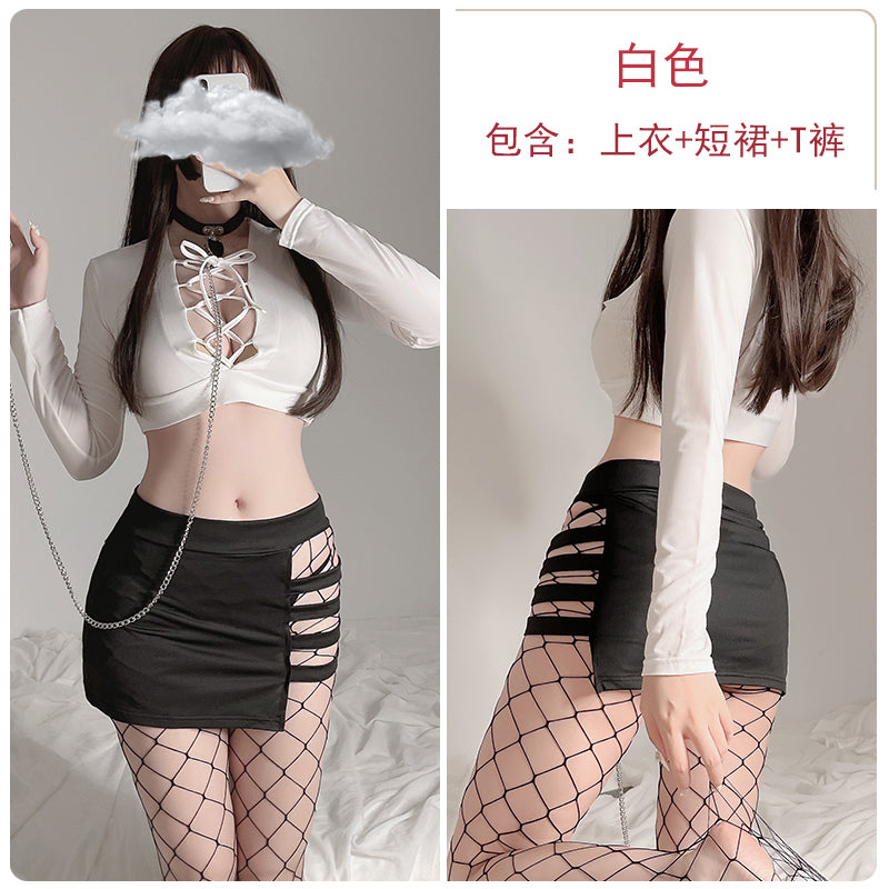 镂空包臀性感短裙OL秘书教师制服（黑/白）G1401